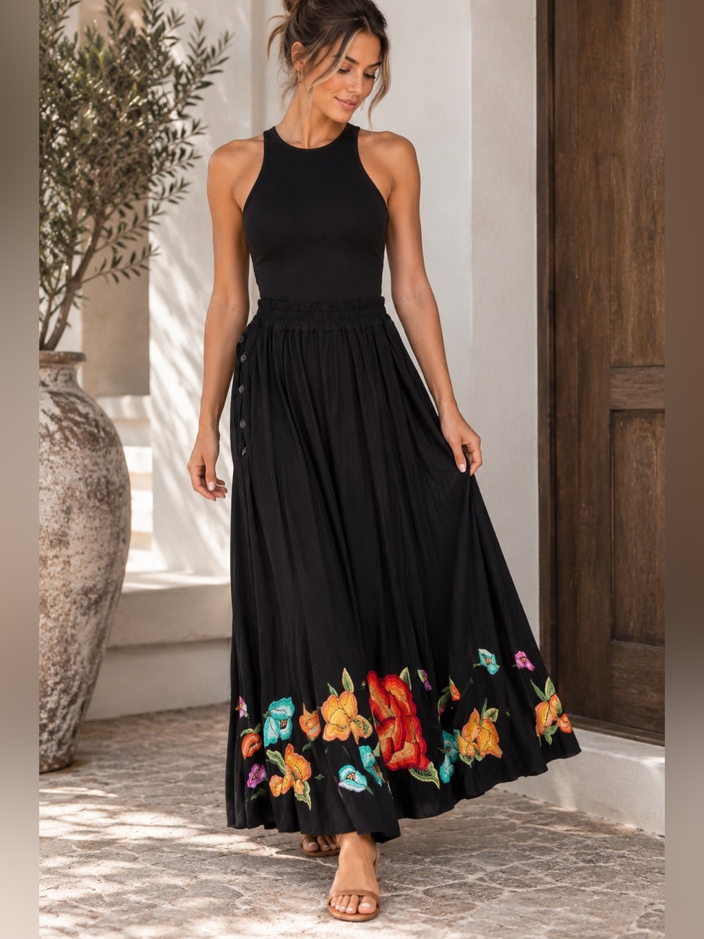 Vintage Soft Surroundings Petite M Black Embroidered Floral Maxi Skirt Rayon